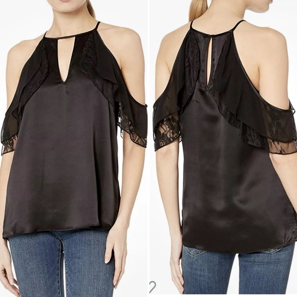 Parker Black Asymmetrical Flutter Sleeve Blouse L